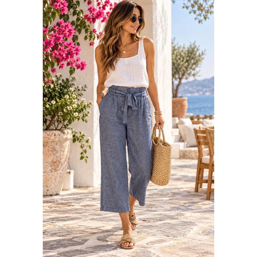 H&M L.O.G.G. Blue Linen Blend Paperbag Waist Wide Leg Cropped Pants Size 8